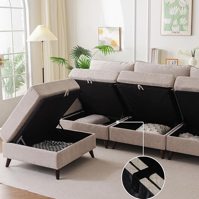 104'' Modular Sectional Sofa with Seats Storage, 3 Seater Sofa Couch with Deep Seat,Oversized Comfy Couch for Living Room,Bedroom,2 Throw Pillow,Chenille,Khaki