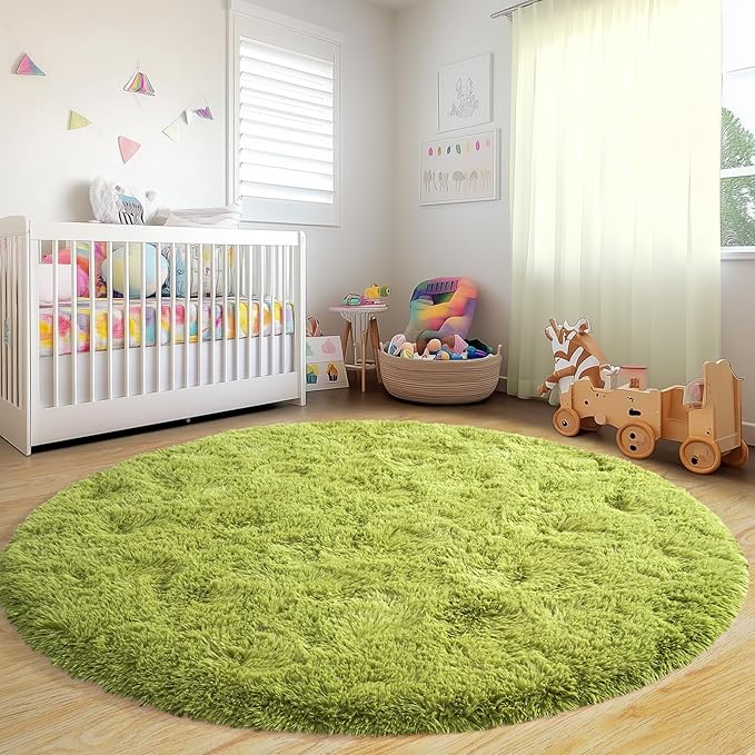 Round Fluffy for Bedroom Rugs, 6Ft Green Shag Circle Rug Non-Slip for Kids Girls Boys Bedroom Dorm Nursery Playroom, Soft Cute Area Rugs for Living Room Decor