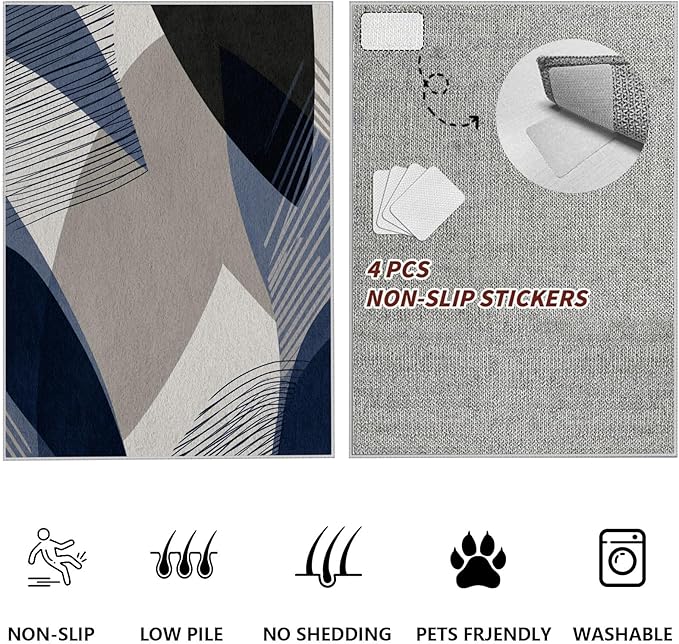 Abstract Art Line Living Room Area Rugs 5x6, Modern Boho Geometric Print Soft Rug, Minimalist Washable Non Slip Neutral Carpet for Bedroom, Dining Room Office Playroom, Navy Blue Gray