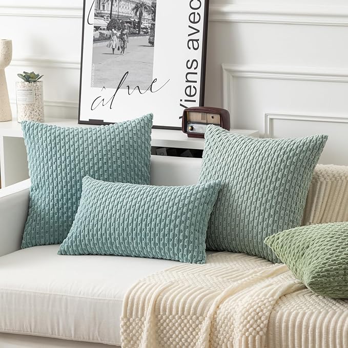 Kevin Textile Throw Pillow Covers Soft Corduroy Decorative Set of 2 Boho Striped Pillow Covers Pillowcases Farmhouse Home Decor for Couch Bed Sofa Living Room 26x26 Inch Dusty Green