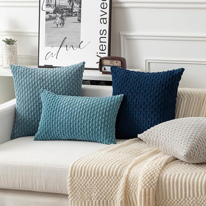 Kevin Textile Throw Pillow Covers Soft Corduroy Decorative Set of 2 Boho Striped Pillow Covers Pillowcases Farmhouse Home Decor for Couch Bed Sofa Living Room 16x16 Inch Blue Grey