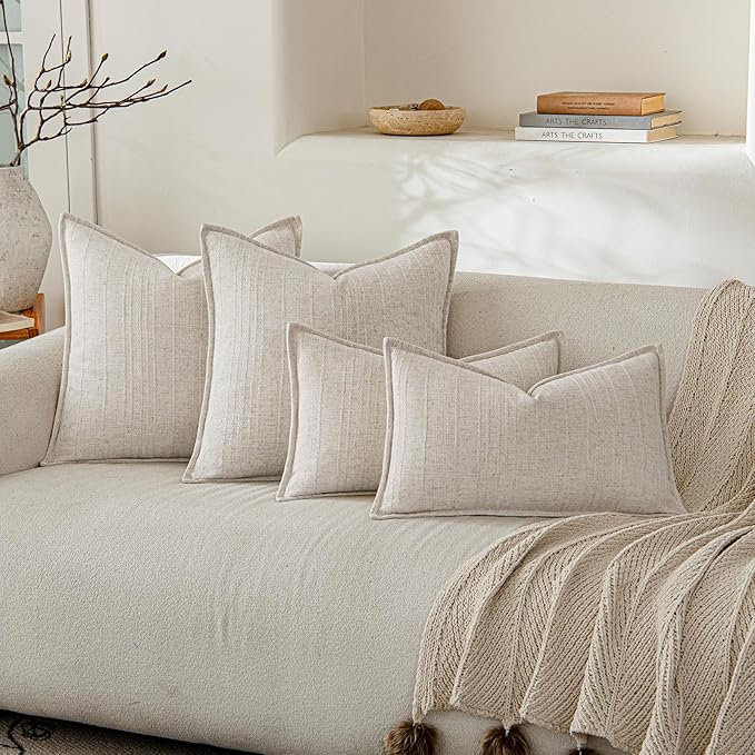a moment Linen Pillow Covers Set of 2,Boho Farmhouse Throw Pillowcases Neutral Textured Decorative Covers for Couch Sofa Bed,Soft Linen Blend Accent Case Cushion Living Room Home Decor 20"x12"Ivory