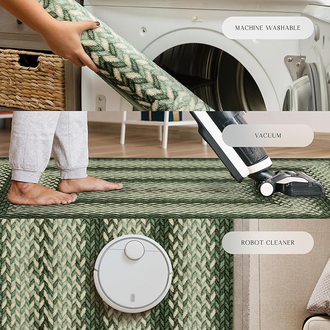 Maples Rugs Marion Bohemian Braided Design Print Area Rug – Made in USA – Low Pile, Non Slip Pet-Friendly Mat for Bedroom, Office, Living & Dining Room, 5' x 7', Green