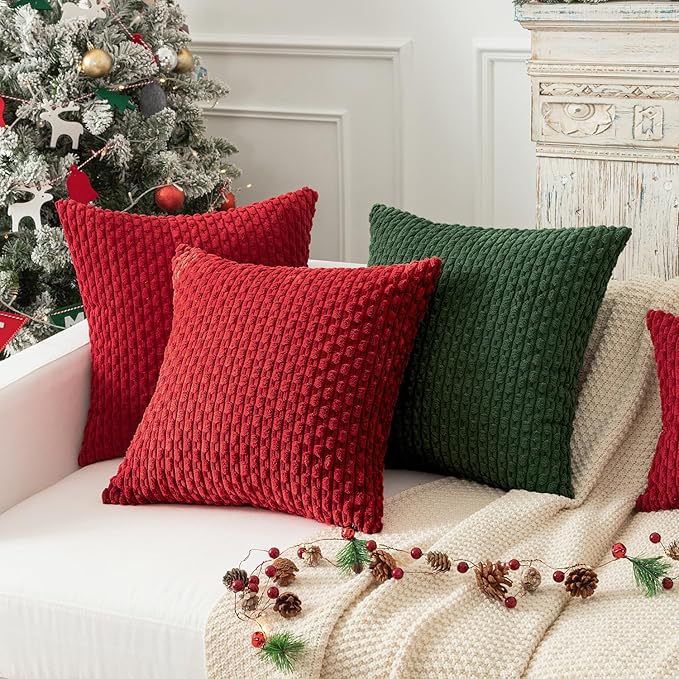 Kevin Textile Christmas Red Throw Pillow Covers Soft Corduroy Decorative Set of 2 Boho Striped Pillow Covers Pillowcases Farmhouse Home Decor for Couch Bed Sofa Living Room 26x26 Inch