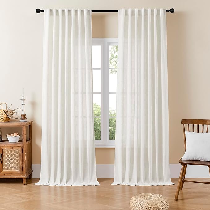 Joydeco Light Filtering Curtains 90 Inch Length for Bedroom, Linen Curtains 90 Inch Length 2 Panels Set for Living Room,White Semi Sheer Drapes 90 Inches Long with Rod Pockets
