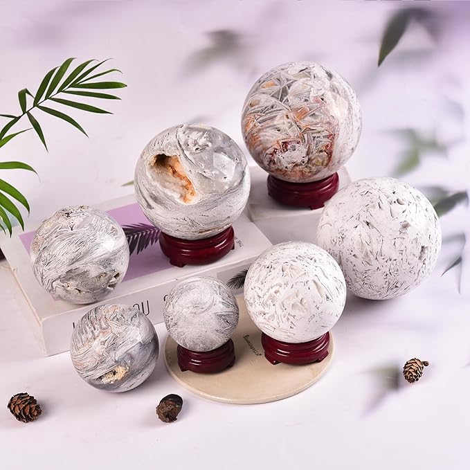 JIC Gem Mexican White Agate Crystal Ball with Wooden Stand White Healing Crystal Sphere Ball for Feng Shui Decor Spiritual Gifts 60-70mm