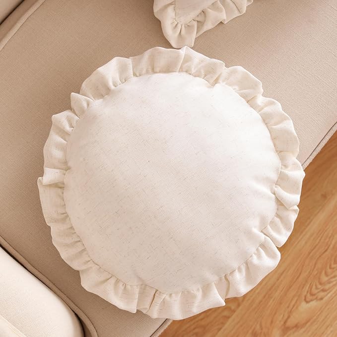 ISAENNE 2 Pcs Classic Ivory White Round Throw Pillow Cover Diameter 16", Solid Color Farmhouse Linen Cotton Decor Pillow Cover with Ruffles, Sturdy Throw Pillowcase for Couch Sofa Bed Living Room