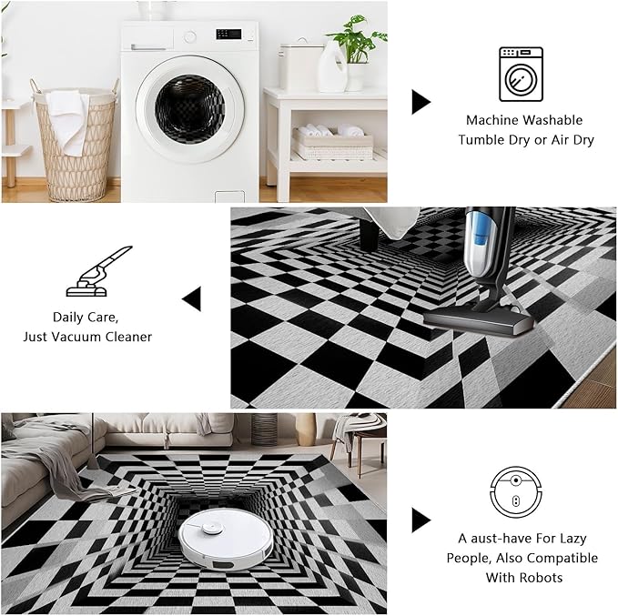 Optical Illusion Rug - Black and White Rug for Living Room, Soft Ultra Soft Faux Wool 6x9 Area Rugs Floor Mats, Non Slip&Non-Shedding Low Pile Checkered Washable Rugs, Abstract Geometric Carpet