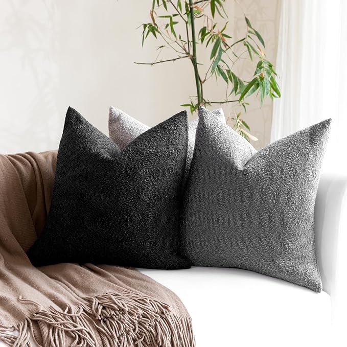 Boucle Decorative Throw Pillow Covers for Couch Set of 2, 22x22 inches, Black
