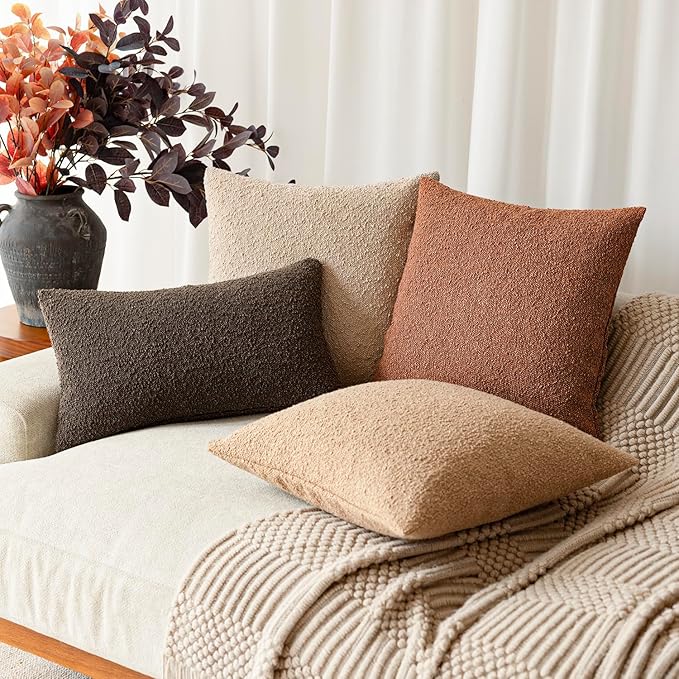 Foindtower Decorative Textured Boucle Throw Pillow Covers Accent Solid Pillow Cases Neutral Soft Cozy Couch Cushion Case for Chair Sofa Bedroom Living Room Home Decor 16x16 Inch,1PC,Burnt Orange Hazel
