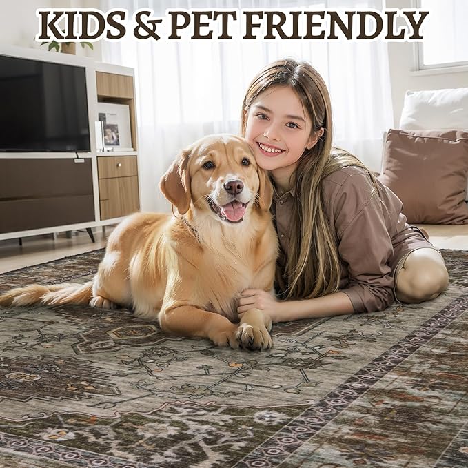 Tangsoo Washable Rug 4x6 Area Rug, Oriental Rug Indoor for Living Room, Non Slip Machine Washable Large Rugs, Soft Print Distressed Grey Carpet for Bedroom Dining Room Dorm Office