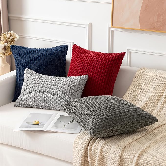 Kevin Textile Pillow Covers Decorative Set of 2 Striped Corduroy Plush Velvet Pillowcases Cushion Cover for Couch 18x18 Inch Navy Blue