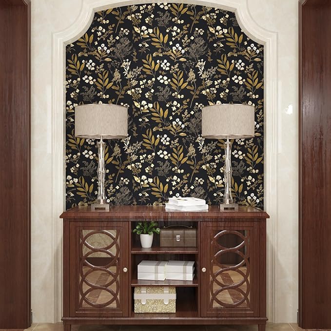 Gothic Wallpaper Peel and Stick Dark Floral Wallpaper 17.5in x 78.7in Vintage Leaf Contact Paper Vinyl Waterproof Self Adhesive Boho Botanical Wall Paper for Bedroom Cabinet Décor