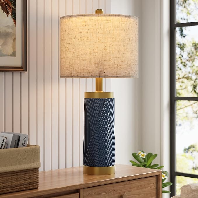 24.5" Modern Ceramic Table Lamp Set of 2 for Living Room, Table Lamps with USB Ports for Bedroom Set of 2, Farmhouse Bedside Nightstand Bedside Lamp End Table Lamps Blue