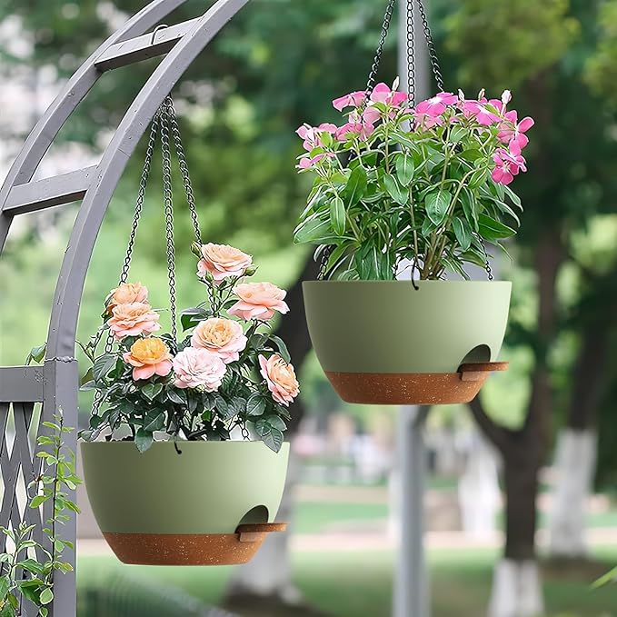 Set of 3-10 Inch Self Watering Hanging Planters for Indoor & Outdoor,Hanging Plant Pots with Drainage & Removable Tray, Modern Hanging Pots Holder for Ivy, Ferns, Balcony & Patio, Green and Brown