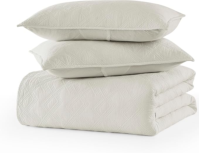 WDCOZY 100% Cotton King Size Quilt Set - Beige Pre-Washed Soft Lightweight Modern Bedspread, Farmhouse Country Rustic Coverlet, Textured Like Linen, Shabby Chic Gauze Bedding, 3 Pieces