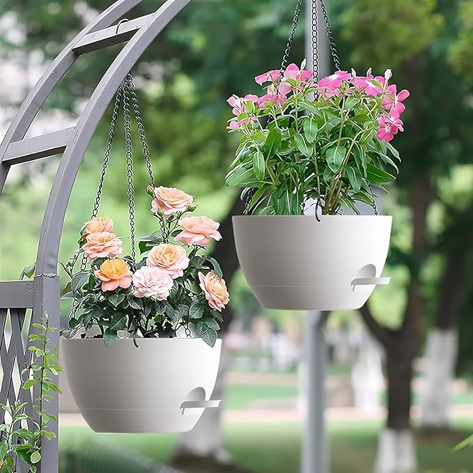 Set of 3-10 Inch Self Watering Hanging Planters for Indoor & Outdoor,Hanging Plant Pots with Drainage & Removable Tray, Hanging Pots for Ivy, Pothos Plant, Spider Plants, Ferns, Balcony & Patio, White