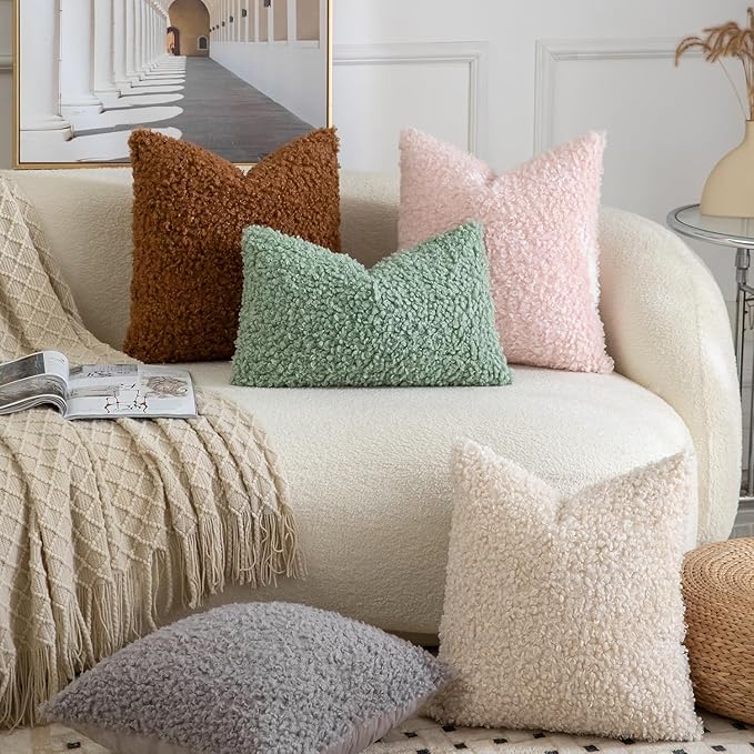 Yaertun Pack of 2 Faux Fur Throw Pillow Covers Decorative Sherpa Boucle Pillow Covers Fuzzy Soft Pillowcases Sheepskin Fleece Cushion Case for Couch Sofa Bed Living Room 12x20 Inch Light Grey