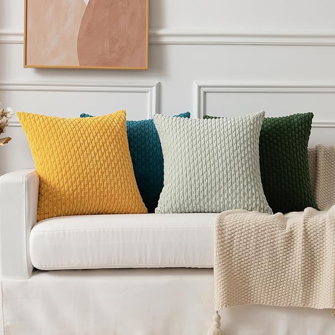 Kevin Textile Pack of 2 Velvet Pillow Covers Striped Throw Cushion Case Set Accent Corduroy Lumbar Pillowcases with Hidden Zipper for Home Decor Indoor Outdoor (12x20 Inch Yellow)