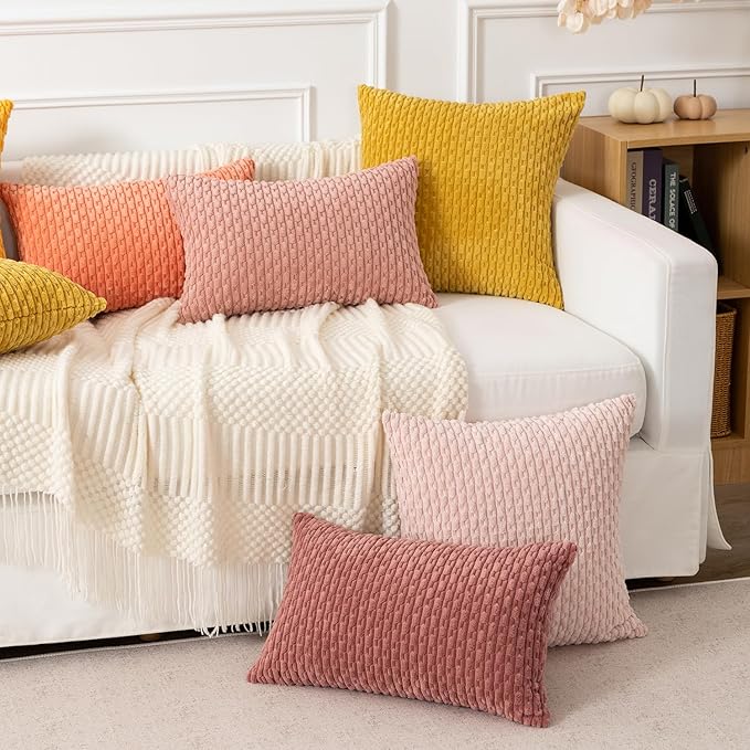 Kevin Textile Valentines Day Throw Pillow Covers Soft Corduroy Decorative Set of 2 Boho Striped Pillow Covers Pillowcases Farmhouse Home Decor for Couch Bed Sofa Living Room 22x22 Inch Blush Pink
