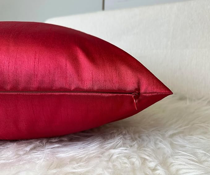 Aiking Home 18x18 Inches Faux Silk Square Throw Pillow Cover, Zipper Closure, Red (Set of 2)