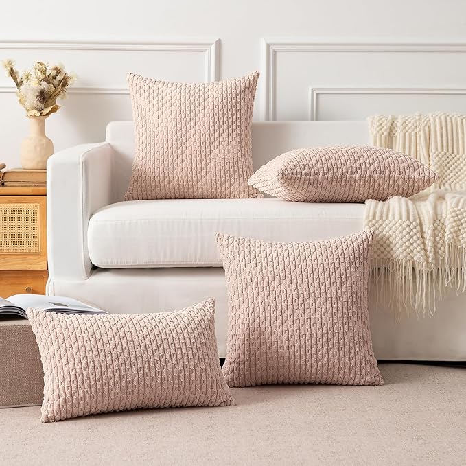 Kevin Textile Pack of 2 Corduroy Decorative Throw Pillow Covers 22x22 Inch Soft Boho Striped Pillow Covers Modern Home Decor Valentines Day Gifts for Spring Sofa Living Room Couch Bed Light Pink