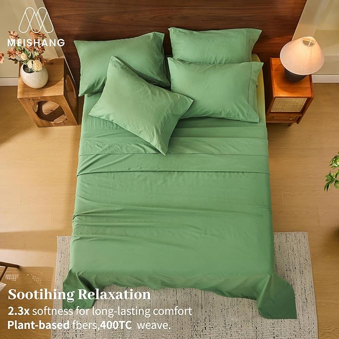 MEISHANG 100% French Pure Linen Sheets Queen Size - 6 PC Extra Deep Pocket Sheet Set, Soft Durable Flax Linen, Anti-Tear Breathable & Oeko-Tex Certified 18-24 Deep Pocket,All Season(Sage Green)