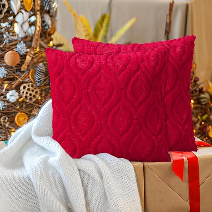 decorUhome Euro Sham Throw Pillow Covers 26x26 Inch Set of 2, Soft Plush Faux Wool Red Solid Couch Pillow Covers, Accent Farmhouse Neutral Square Pillow Cases for Sofa Bed Living Room