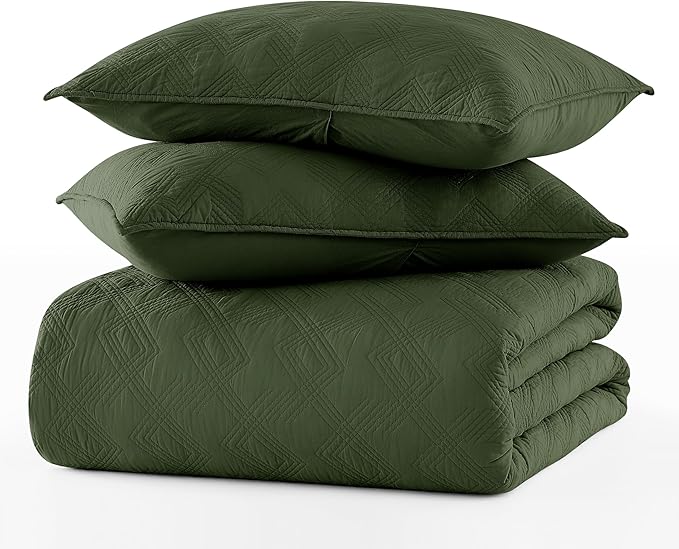 WDCOZY 100% Cotton Twin Size Quilt Set - Olive Green Pre-Washed Soft Lightweight Modern Bedspread, Farmhouse Country Rustic Coverlet, Textured Like Linen, Shabby Chic Gauze Bedding, 2 Pieces