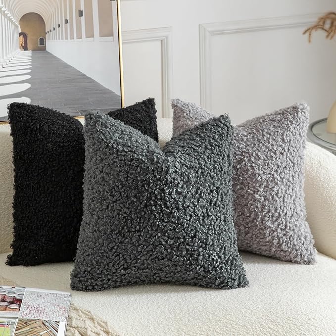 Yaertun Pack of 2 Faux Fur Throw Pillow Covers Decorative Sherpa Boucle Pillow Covers Fuzzy Soft Pillowcases Sheepskin Fleece Cushion Case for Couch Sofa Bed Living Room 12x20 Inch Grey