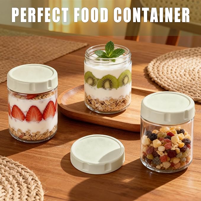 4 Pack Glass Overnight Oats Jars with Airtight Lid, 16OZ Wide Mouth Mason Jars, Leak Proof Glass Food Storage Containers for Yogurt, Oats, Chia Pudding, Snacks, Spice, Sugar