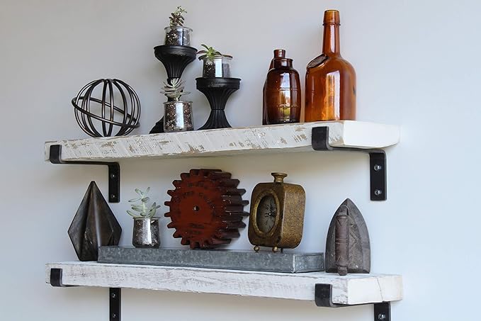 Urban Legacy Accent Shelves | Reclaimed Barn Plank | Set of 2 with Full Brackets (White Wash 48"x 7"x 2")