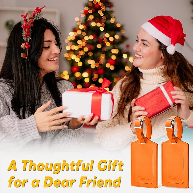 Travelambo 8 Pack Luggage Tags Faux Leather for Suitcases Travel Bag Labels Travel Accessories Essential with Protection Cover ID (Orange)