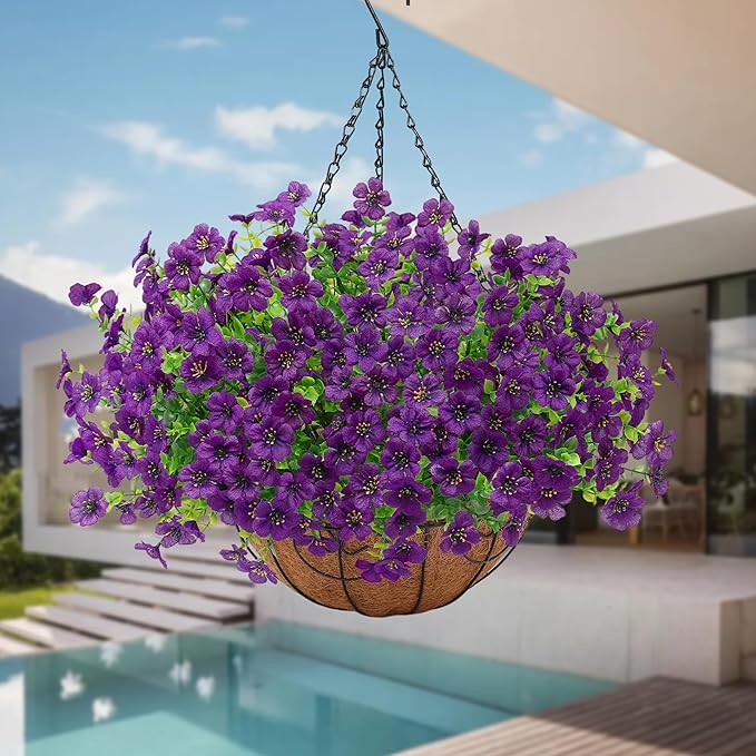 Artificial Fake Hanging Plants Flowers Basket Outdoors Outside Summer Decor, Hanging Planter with Faux Silk Daisy Flower Realistic UV Resistant for Porch Front Patio Balcony Garden Yard Spring(Purple)