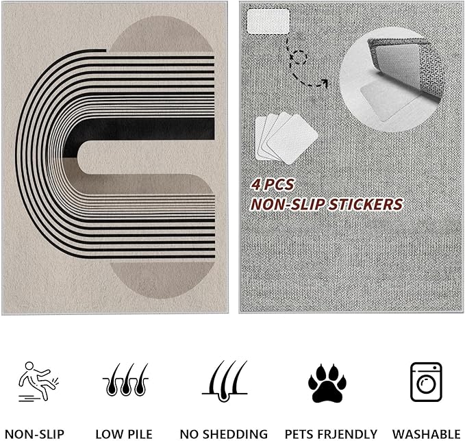 Modern Washable Rug for Living Room 8x10, Boho Abstract Striped Area Rugs, Soft Non Slip Low Pile Farmhouse Carpet for Bedroom Dining Room Kitchen, Stain Resistant, Pet Friendly, Beige Black
