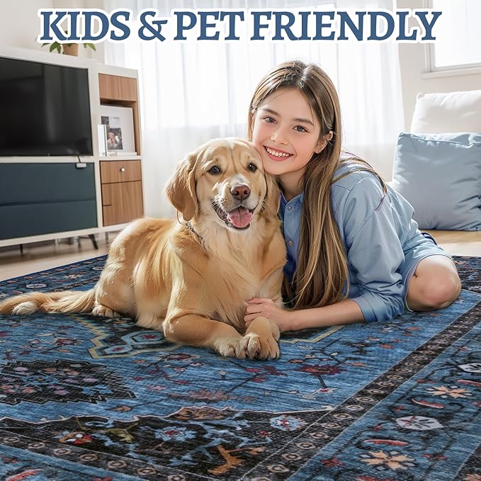 Tangsoo Blue 5x7 Area Rug Washable Rugs for Living Room, Oriental Indoor Non Slip Large Area Rugs, Vintage Print Carpet, Soft Low Pile Foldable Floor Rug for Bedroom Dining Room Dorm Blue/Black