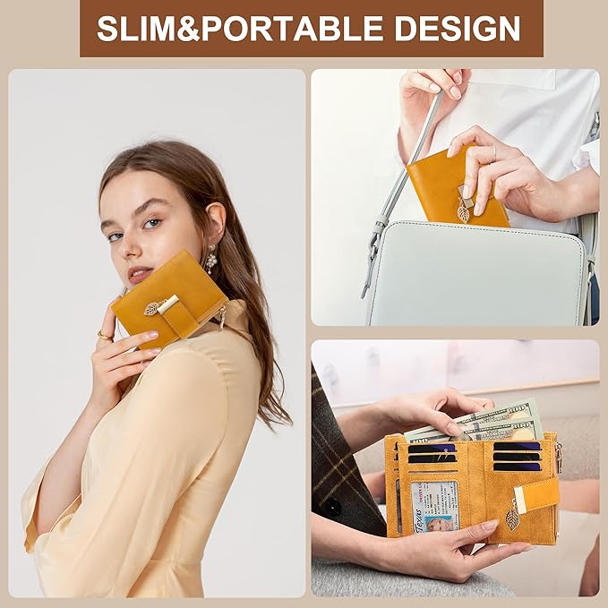 yiijay Small Wallet Women RFID Blocking Leather Bifold Wallet Credit Card Holder for Women Ladies Compact Wallet Mini Purse With Zipper Pocket