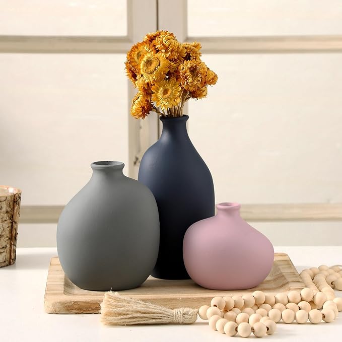 Ceramic Vase Set of 3,Decorative Vases Home Decor, Small Modern Boho Rustic Farmhouse Pottery Vases for Pampas Grass Dried Fresh Flowers,Bedroom,Living Room,Bookshelf, Mantel,Centerpiece Table Decor