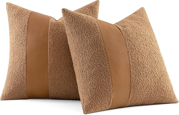 MIULEE Boucle Throw Pillow Covers 22x22 Inch Set of 2 Brown Faux Leather Textured Decorative Pillow Cases Boho Farmhouse Accents Cushion Covers for Couch Bed Livingroom Home Decor