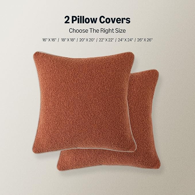 Amazon Basics Boucle Throw Pillow Covers for Couch, Living Room, Home Decor with Hidden Zipper, Brown, 20×20in, Pack of 2