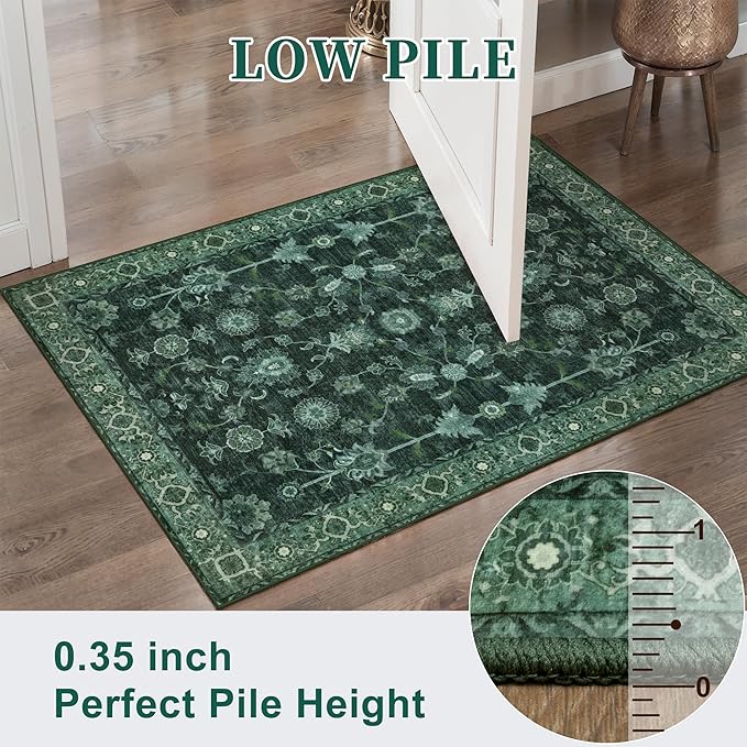 Tangsoo 6x9 Green Large Area Rug for Living Room, Non Slip Machine Washable Rug for Bedroom, Boho Distressed Vintage Floral Rugs, Soft Low Pile Floor Carpet for Dining Room Office Kitchen Farmhouse
