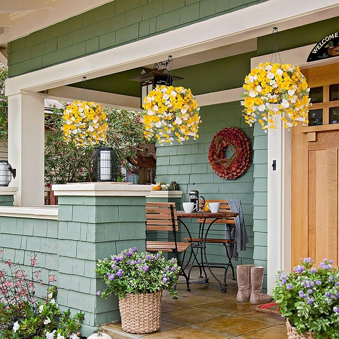 Fake Hibiscus Artificial Hanging Flowers Plants for Outdoors Spring Decoration, 2pcs Silk Hibiscus Vines Realistic UV Resistant Yellow Faux Flowers for Outside Planter Porch Patio Yard Wedding Party