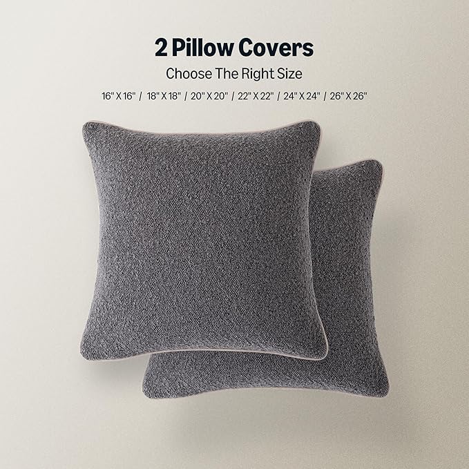 Amazon Basics Boucle Throw Pillow Covers for Couch, Living Room, Home Decor with Hidden Zipper, Grey, 22×22in, Pack of 2