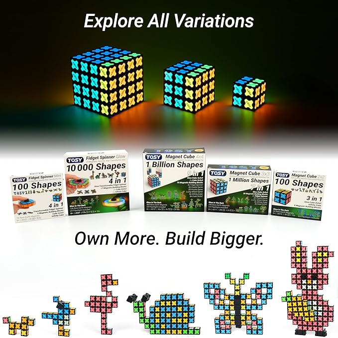 TOSY Magnet Cube 3x3 - 30 Blocks, 240 Magnets, Multipurpose: Creative Building Blocks, Transformable Fidget Spinner, Puzzle/Infinity Cube, Christmas Stocking Stuffers Gift for Kids, Glowing STEM Toy