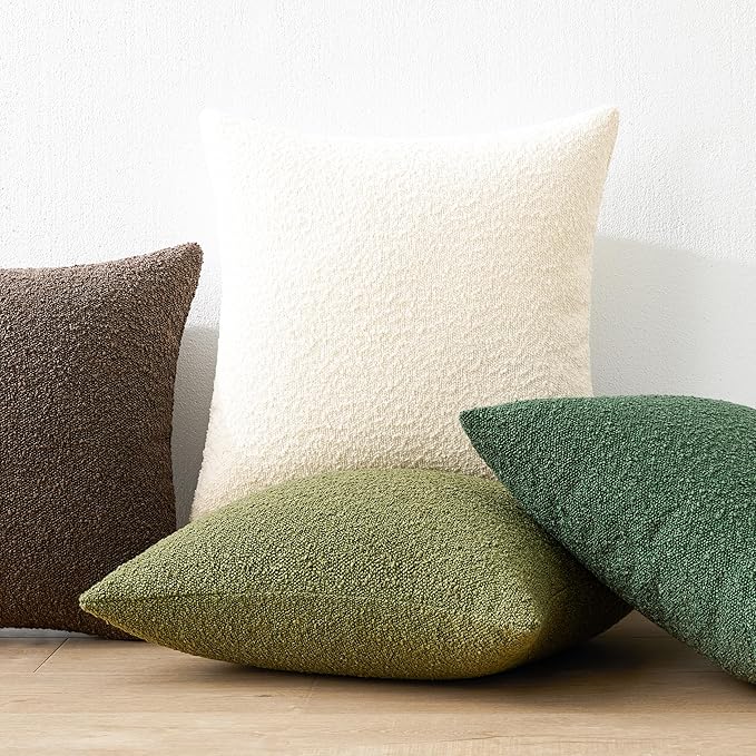 Mixhug Decorative Boucle Throw Pillow Covers, Cream, 18 x 18 Inches, Pack of 2 - Textured Boho Pillow Covers for Couch and Bed