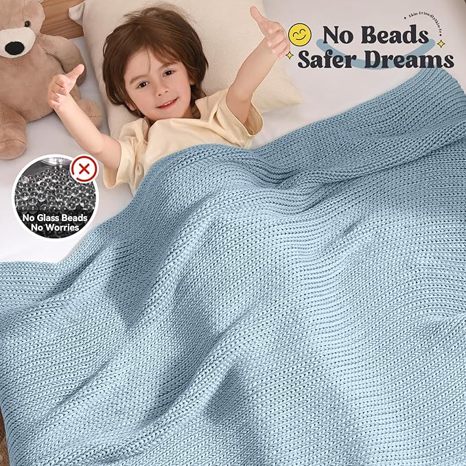 Guohaoi Knitted Weighted Blanket Kids (Haze Blue 40"x60" 7lbs) No Beads Cooling Heavy Blanket, Home Decor Breathable Chunky Knit Throw Blanket for All-Season Use