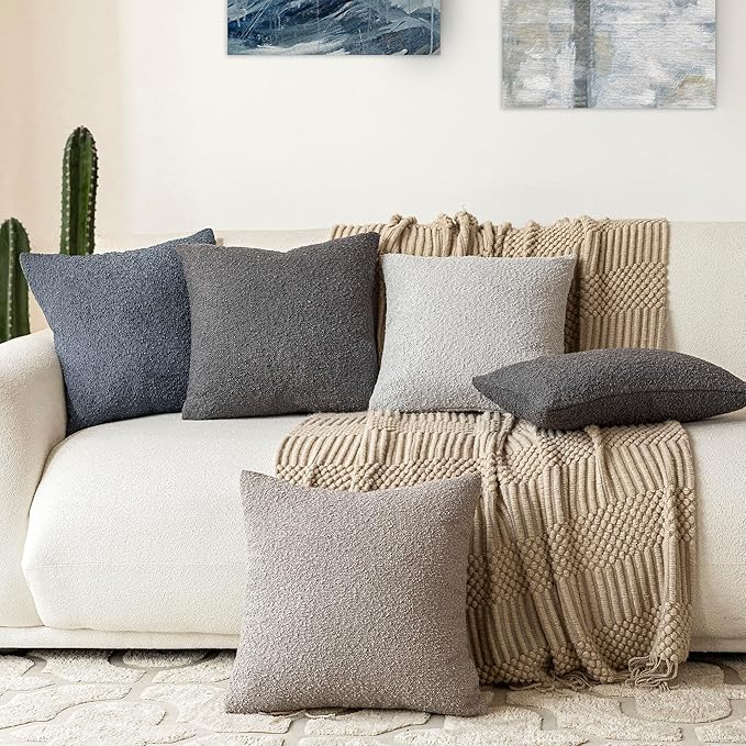 Foindtower Textured Boucle Throw Pillow Covers Accent Solid Pillow Cases Cozy Soft Decorative Couch Cushion Case for Chair Sofa Bedroom Living Room Home Decor, 18 x 18 Inch,Dark Grey