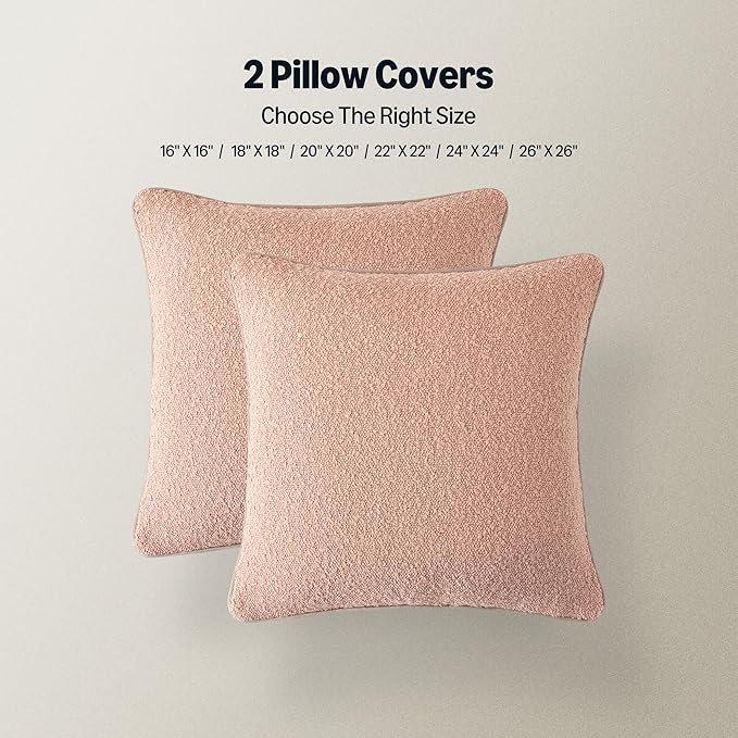 Amazon Basics Boucle Throw Pillow Covers for Couch, Living Room, Home Decor with Hidden Zipper, Pink, 22×22in, Pack of 2