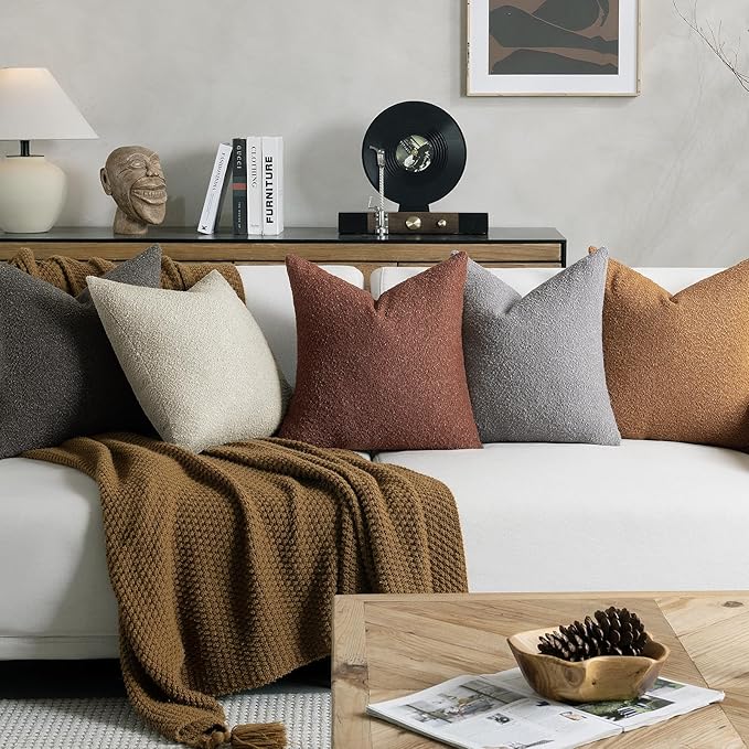 Throw Pillow Covers 20 x 20 Inch Set of 2, Beige Decorative Accent Solid Boucle Textured Pillow Cover, Cozy Neutral Cushion Pillow Cases for Living Room, Sofa, Chair, Bedroom, Home Decor