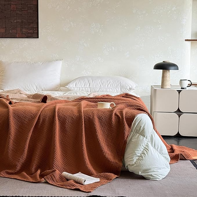 FALUCA Cotton Muslin Reversible Blanket King Size for Bed, Couch, Four Layers Blanket, Soft Lightweight Cozy Breathable Farmhouse Decoration for All-Season, Camel